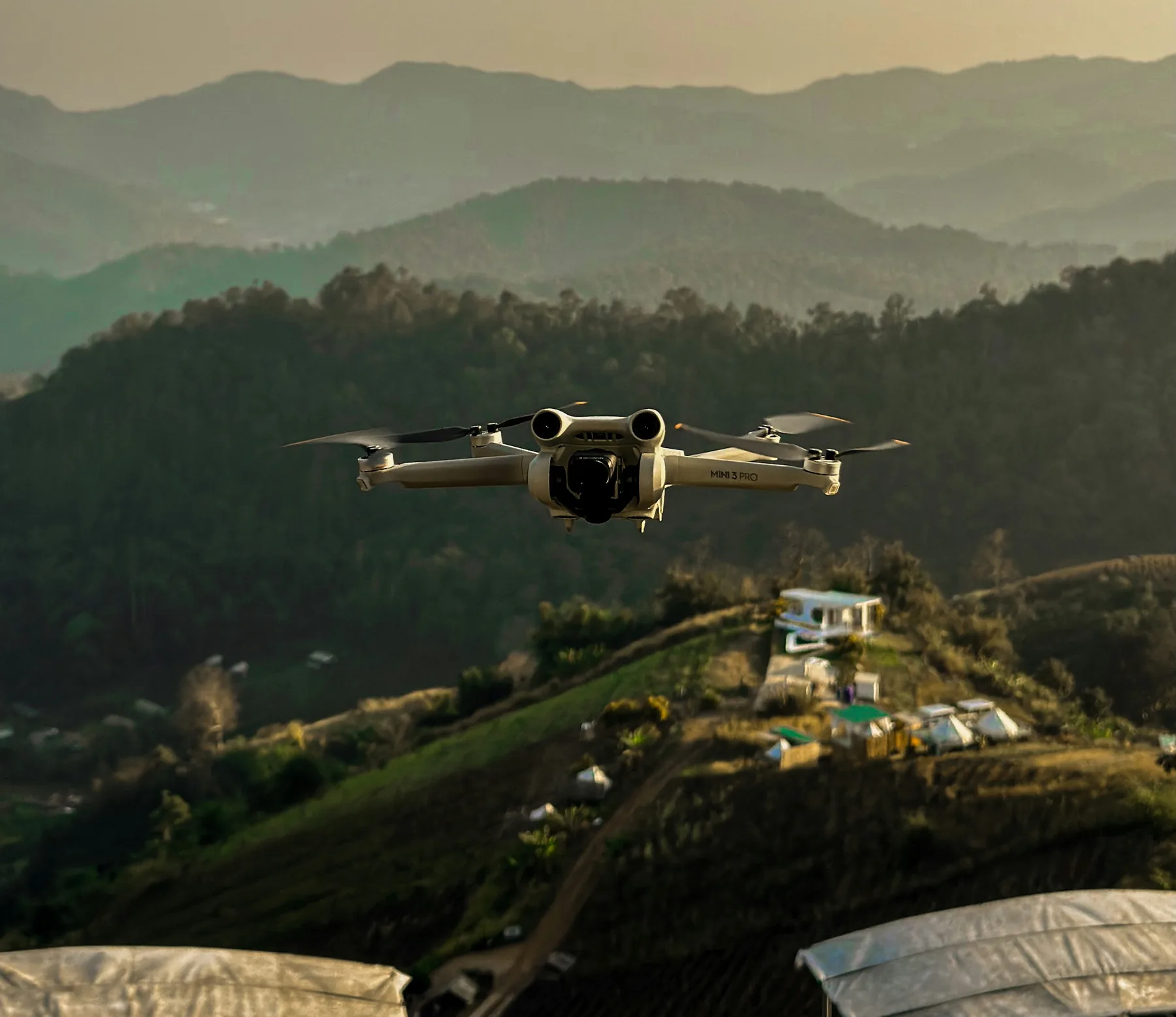 Drone flying over a mountain landscape
