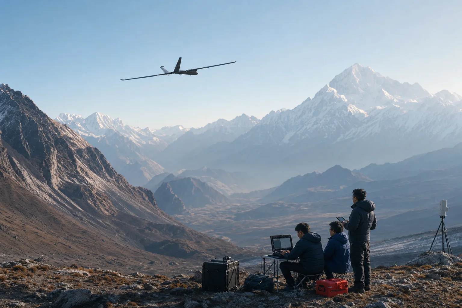 Nepali engineers monitoring an unarmed UAV over Himalayan terrain