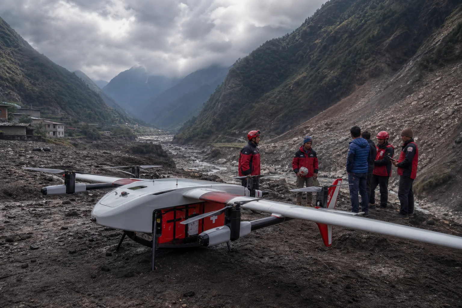 Emergency responders deploying a rescue drone after a landslide in Nepal