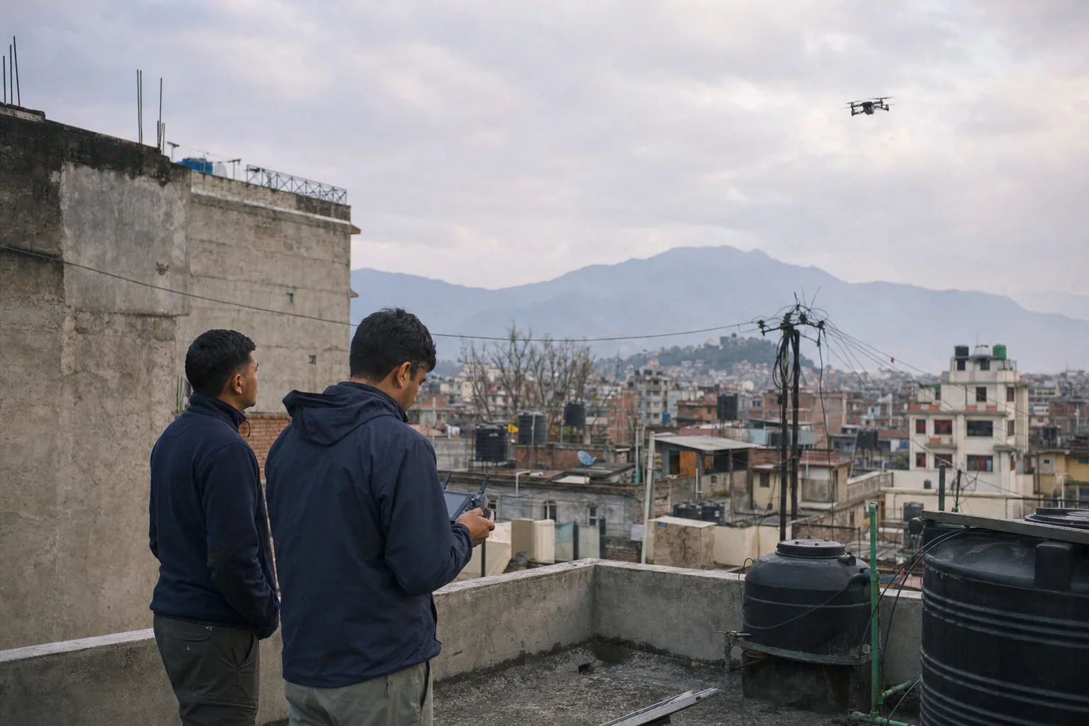 A public-safety drone team working from a Kathmandu rooftop